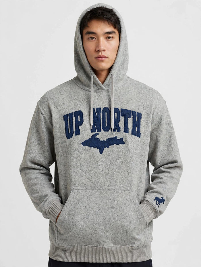 UP NORTH Hoodie - Michigan Map & Moose Logo - Heather Grey