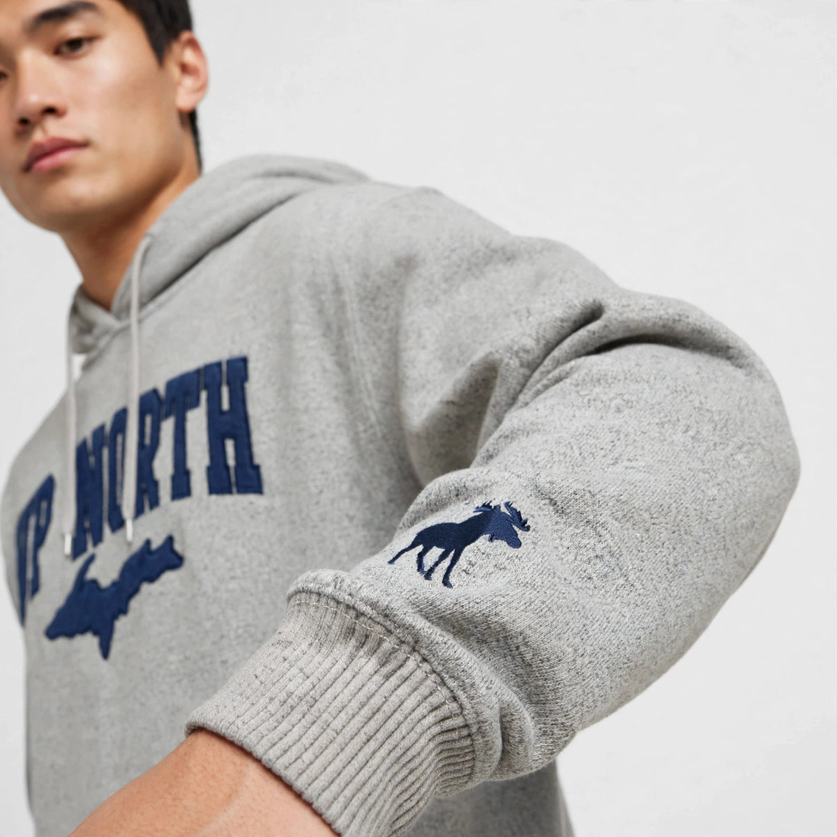 UP NORTH Hoodie - Michigan Map & Moose Logo - Heather Grey