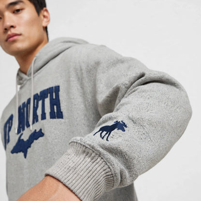 UP NORTH Hoodie - Michigan Map & Moose Logo - Heather Grey