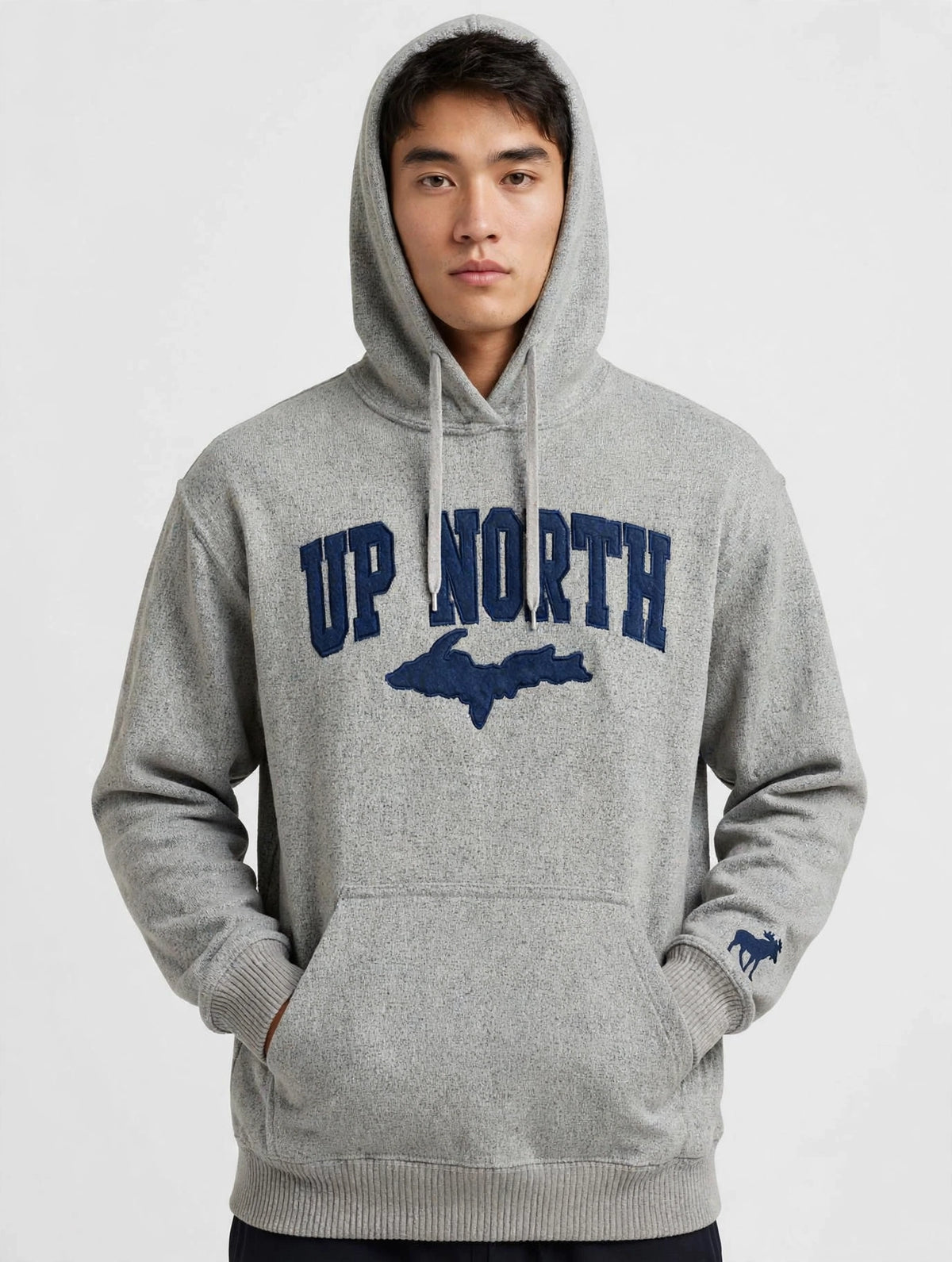 UP NORTH Hoodie - Michigan Map & Moose Logo - Heather Grey