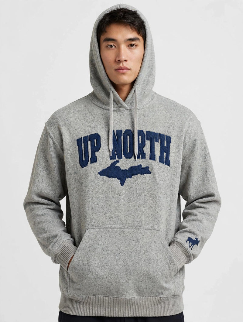 UP NORTH Hoodie - Michigan Map & Moose Logo - Heather Grey